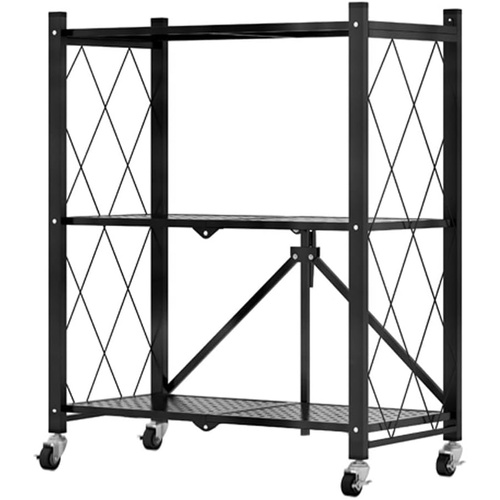 3-Tier Foldable Storage Shelf with Wheels for Kitchen, Garage, Pantry or Basement (Black)