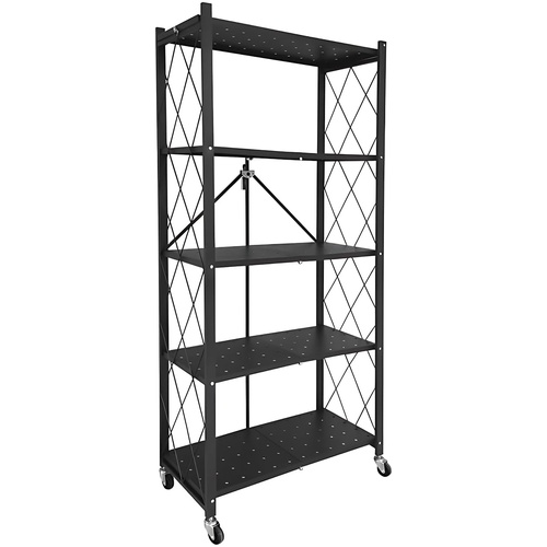5-Tier Foldable Storage Shelf with Wheels for Kitchen, Garage, Pantry or Basement (Black)