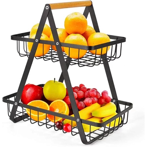 2-Tier Fruit Basket Stand for Kitchen Countertop for Fruits, Vegetables, Bread & Snacks with Wooden Handle