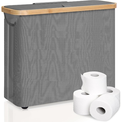 Toilet Paper Storage Basket Holds Up to 12 Rolls with Bamboo Lid and Handle for RV Closet (Grey)