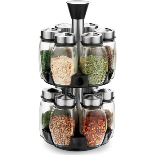 Rotating Spice Rack Organizer with 16 Glass Jars for Kitchen Seasoning and Herb Storage