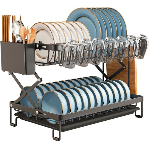 2-Tier Dish Drying Rack with Drainage Tray, Utensil Holder, Cup Hooks & Cutting Board Rack for Kitchen (Black)