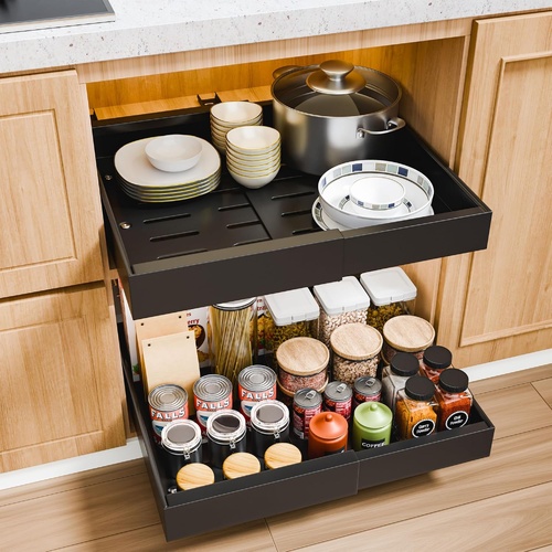 Pack Pull Out Cabinet Organizer Expandable for Cabinets with Adjustable Slide Out Shelves and Easy Installation (Black)