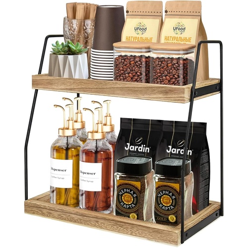 2-Tier Wooden Coffee Station Rack Organizer for Coffee Bar, Condiments, Syrups, Storage Jars & Spice Storage Shelf