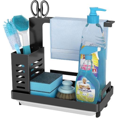 Kitchen Sink Caddy Organizer with Sponge, Soap & Brush Storage and Rag Rack, Drain Tray & Utensil Holder