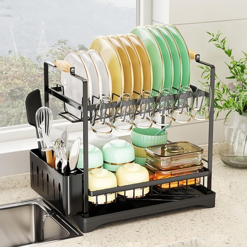 2-Tier Large Dish Drying Rack with Drainboard, Utensil Holder, Glass Hooks & Cutlery Storage (Black)