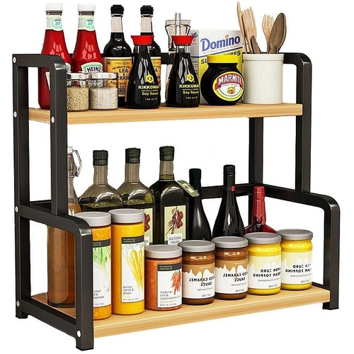 2-Tier Wooden Kitchen Countertop Spice Rack for Storage of Condiments, Oils, Jars & Seasoning Bottles