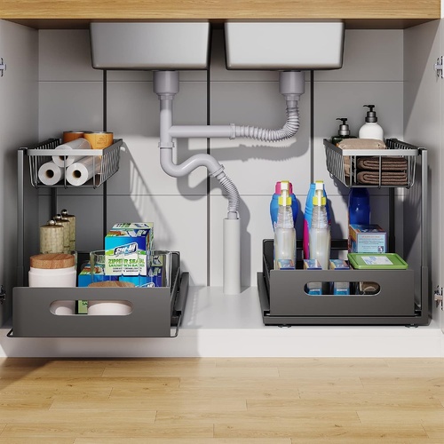 2 Pack Under Sink Organiser with Sliding Drawers for Kitchen & Bathroom