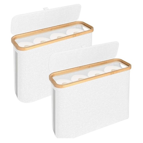 2 Pack Toilet Paper Storage Basket Holds Up to 12 Rolls with Bamboo Lid and Handle for RV Closet (White)