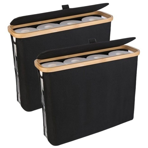2 pack Toilet Paper Storage Basket Holds Up to 12 Rolls with Bamboo Lid and Handle for RV Closet (Black)