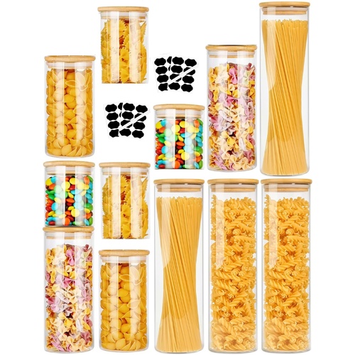 12 Pack Glass Storage Jars with Bamboo Lids for Kitchen Pantry, Pasta, Snacks, Cookies, Candy & More