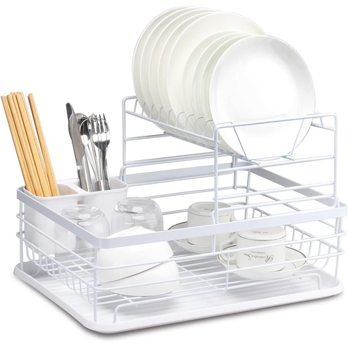2-Tier Dish Drying Rack for Kitchen Counter with Removable Drip Tray, Utensil Holder and Cutlery Organizer