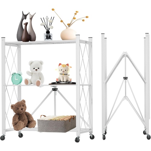 3-Tier Foldable Storage Shelf with Wheels for Kitchen, Garage, Pantry or Basement (White)