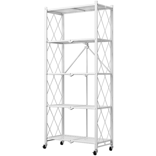 5-Tier Foldable Storage Shelf with Wheels for Kitchen, Garage, Pantry or Basement (White)