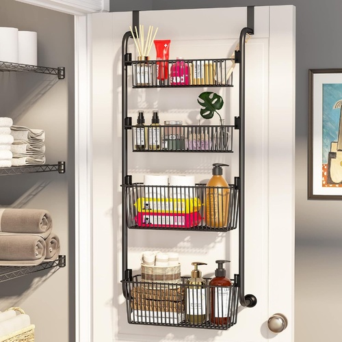 4-Tier Over the Door Organizer Heavy-Duty Metal Pantry Rack with Hanging Baskets for Home Kitchen Storage & Bathroom Door Organization