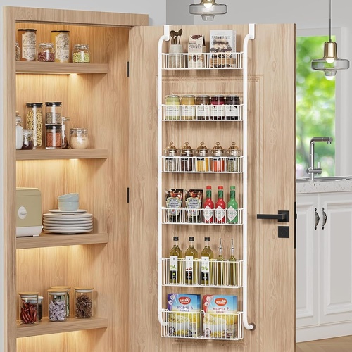 6-Tier Over the Door Organizer Heavy-Duty Metal Pantry Rack with Hanging Baskets for Home Kitchen Storage & Bathroom Door Organization (White)
