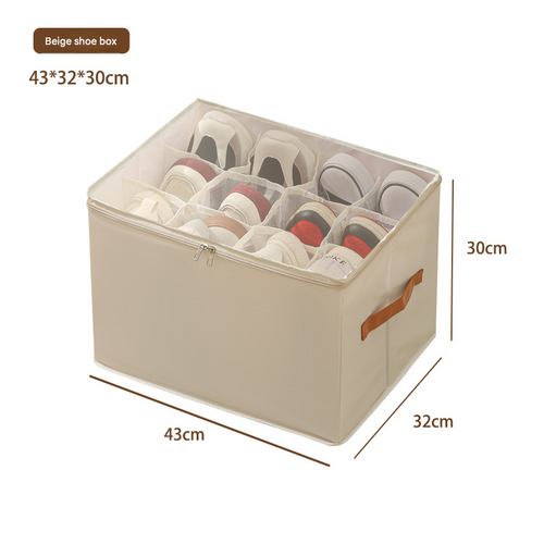 Beige Foldable Fabric Shoe Storage Box with Compartments Dustproof Moistureproof