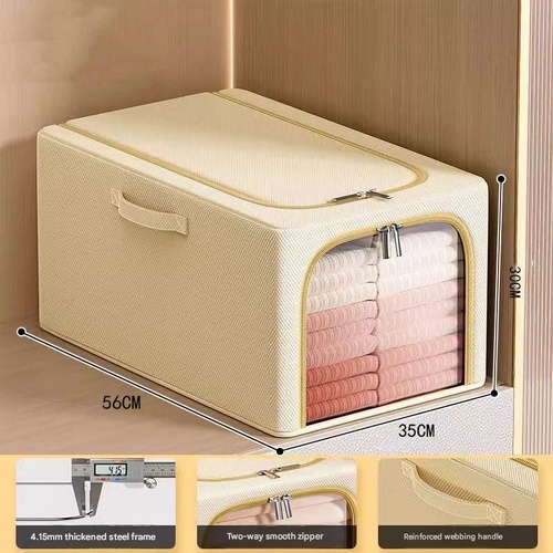 Khaki 56L Slim Foldable Clothes Storage Box Large Capacity Fabric Wardrobe Organiser with Clear Window Dustproof