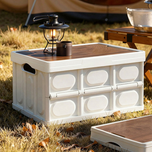 Collapsible Outdoor Storage Box 50L Stackable Folding Camping Organizer Plywood Lid Beige
